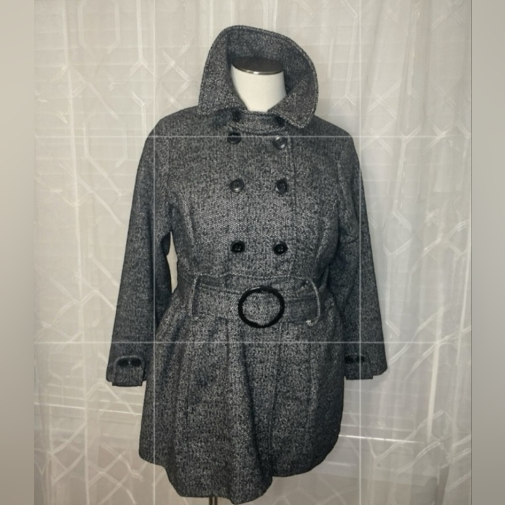 Jamie Nicole Coat Womens 3X Black Wool‎ Blend Double Breast Belt Lined Minimal